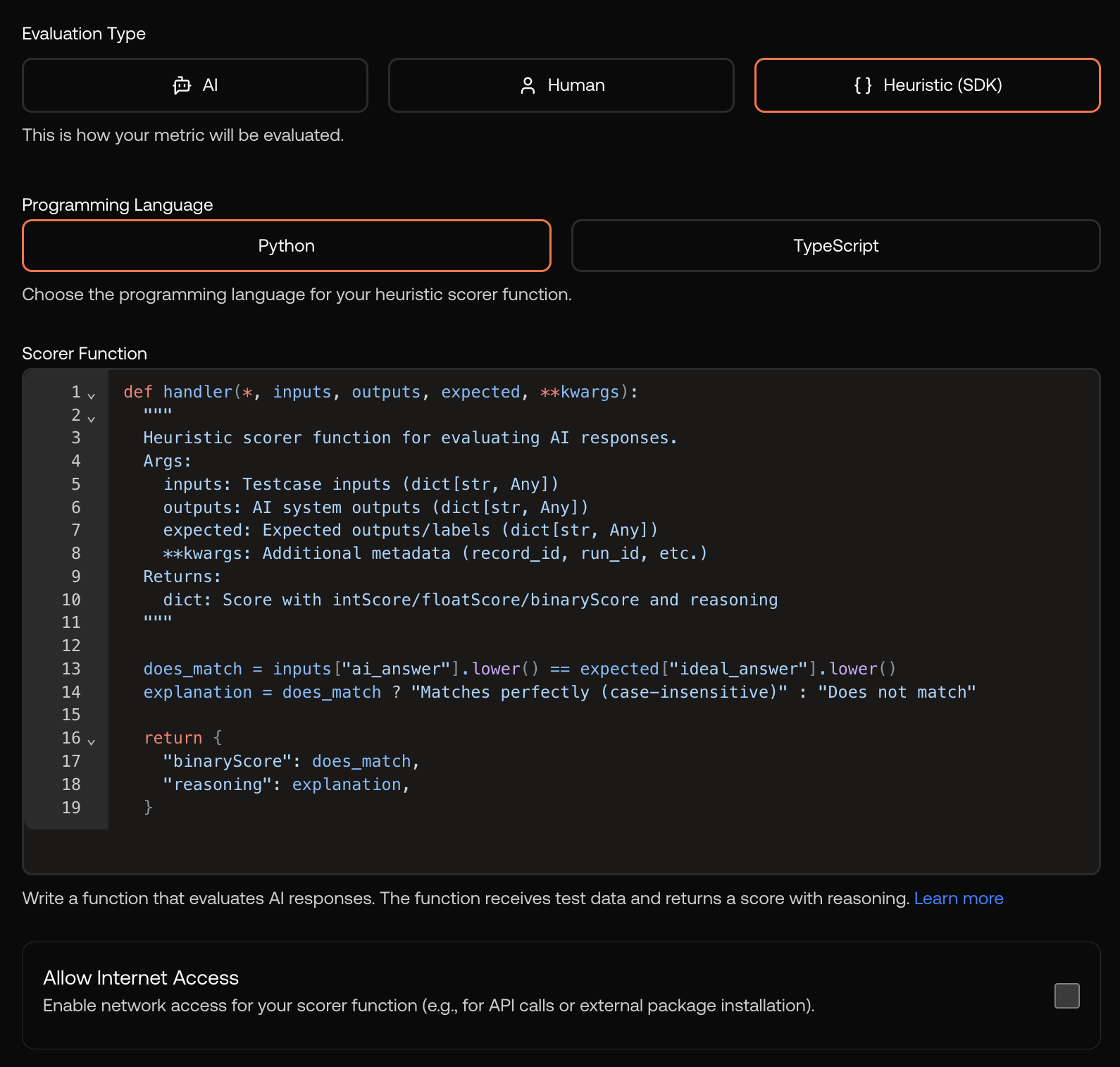 Screenshot of the create metric modal with Python heuristic code