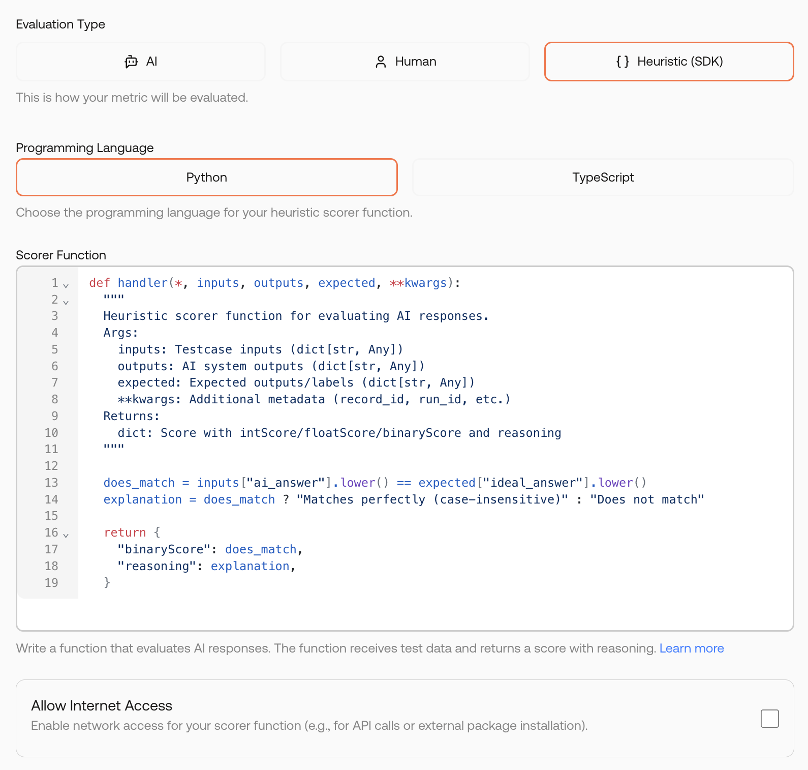 Screenshot of the create metric modal with Python heuristic code