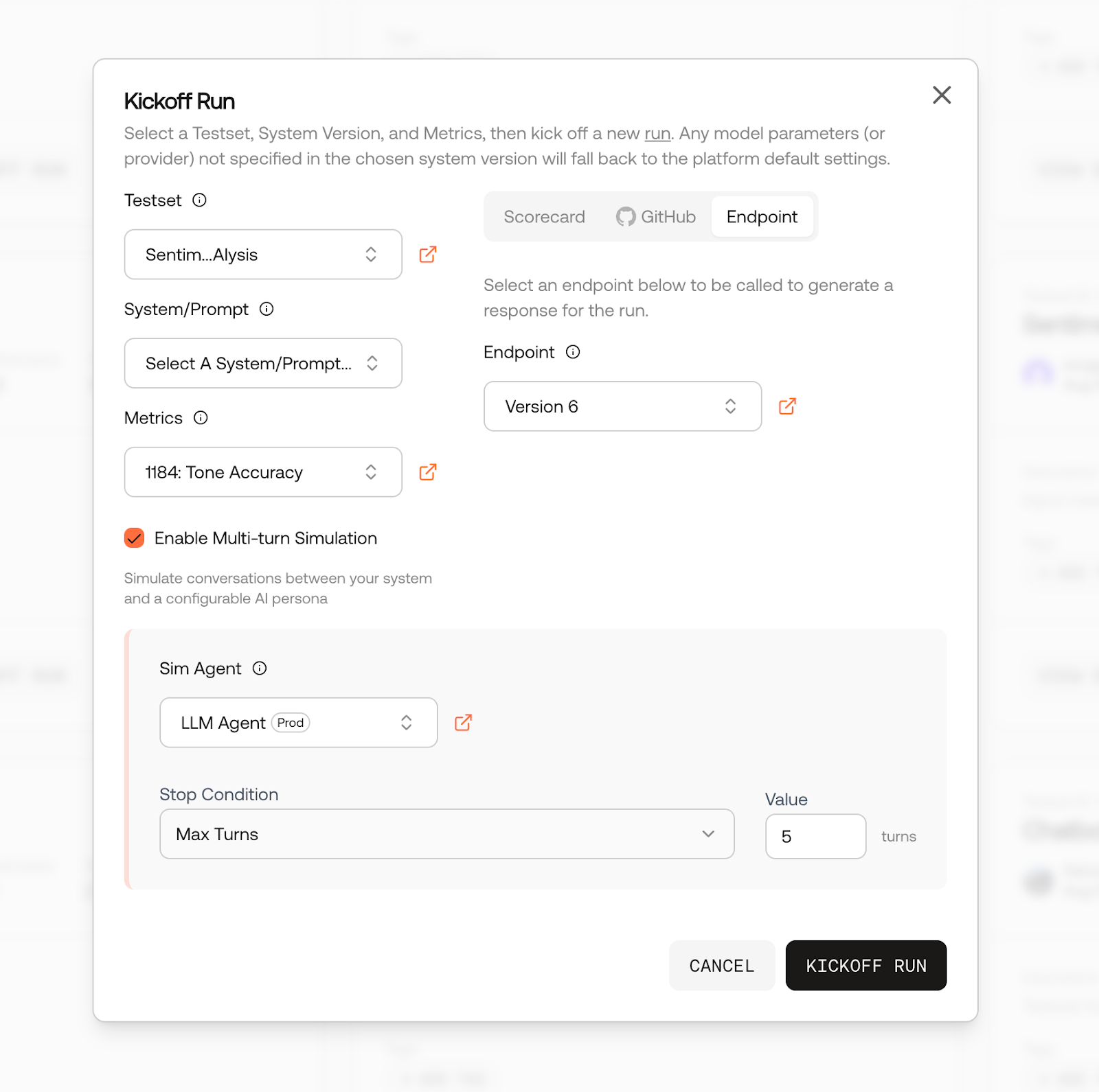 Screenshot of Kickoff Run modal with Endpoint tab selected