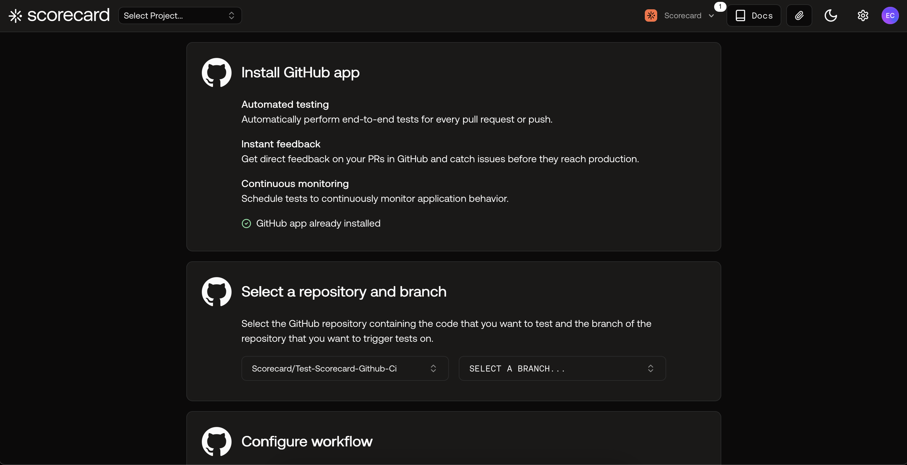 Screenshot of the GitHub configuration page in the Scorecard UI.