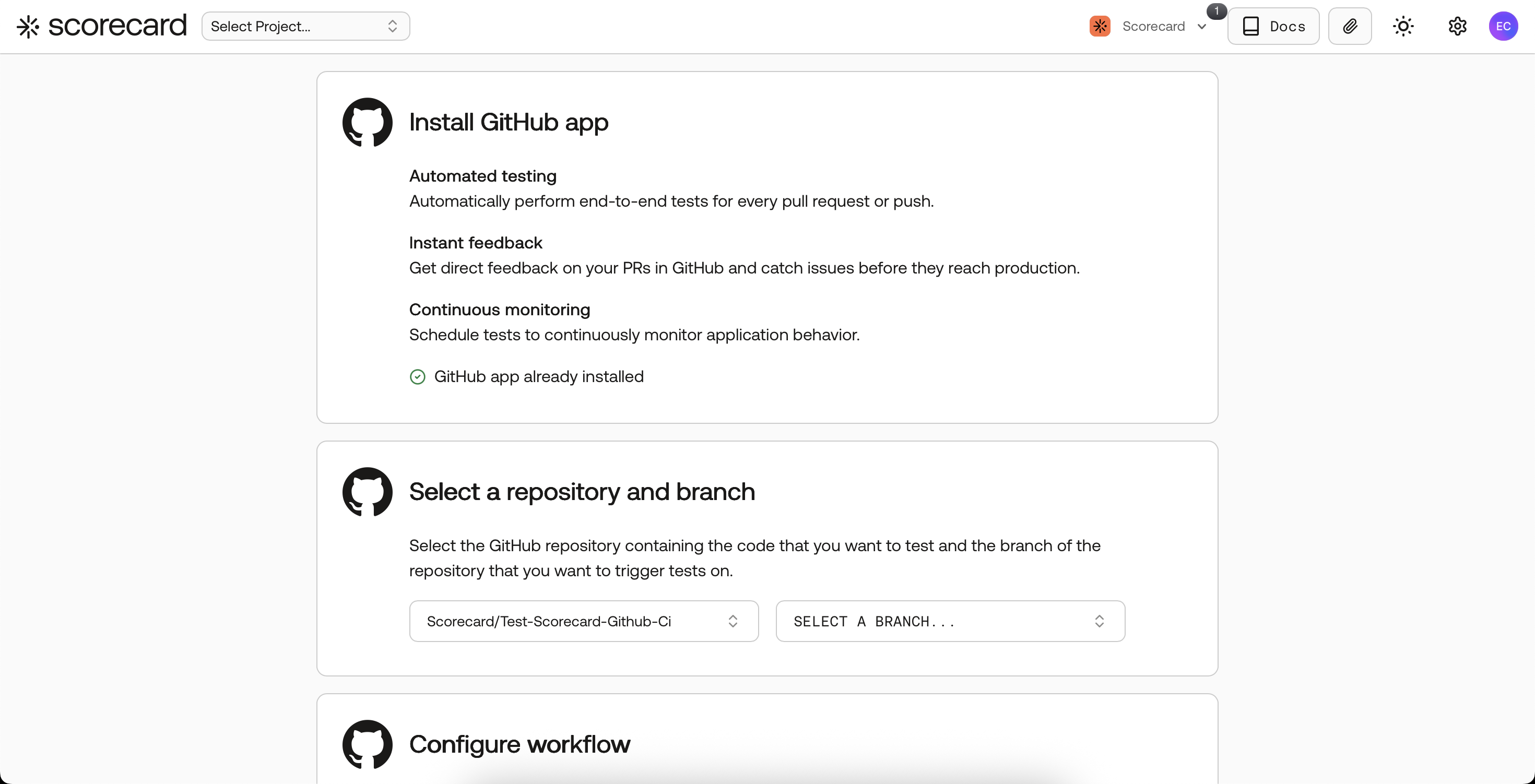 Screenshot of the GitHub configuration page in the Scorecard UI.