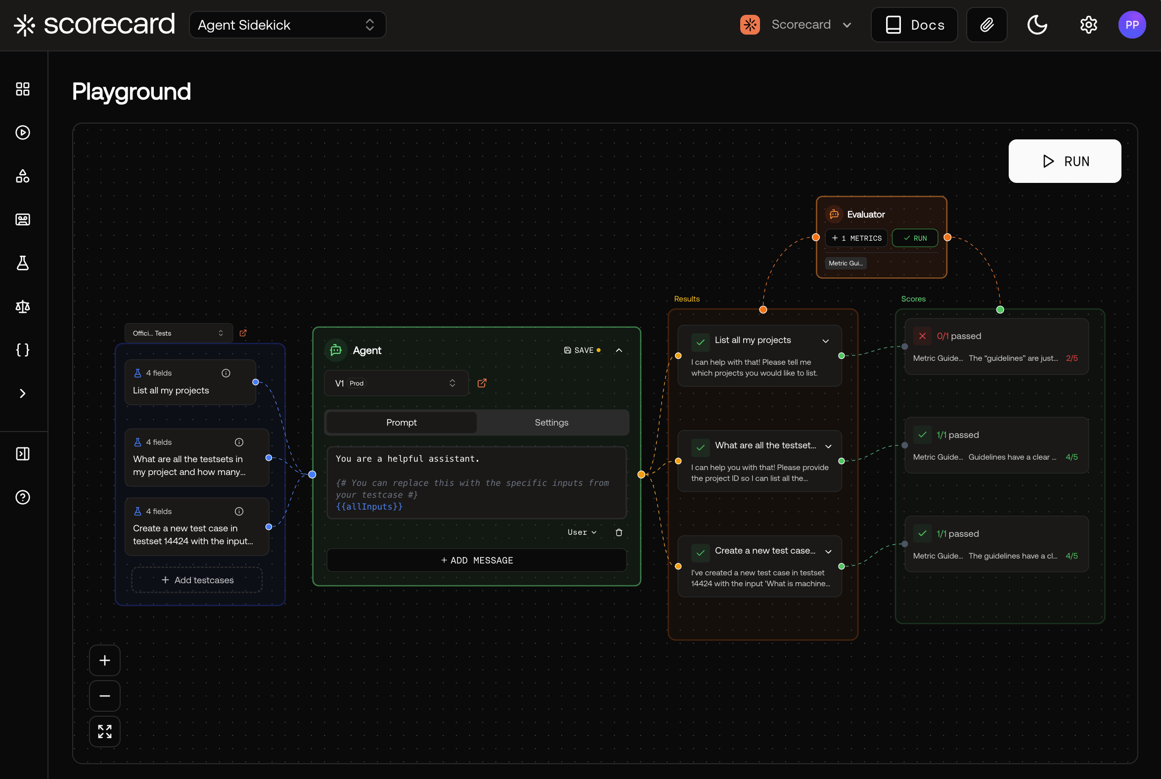 Screenshot of the Playground showing testcases, agent, results, and scores.