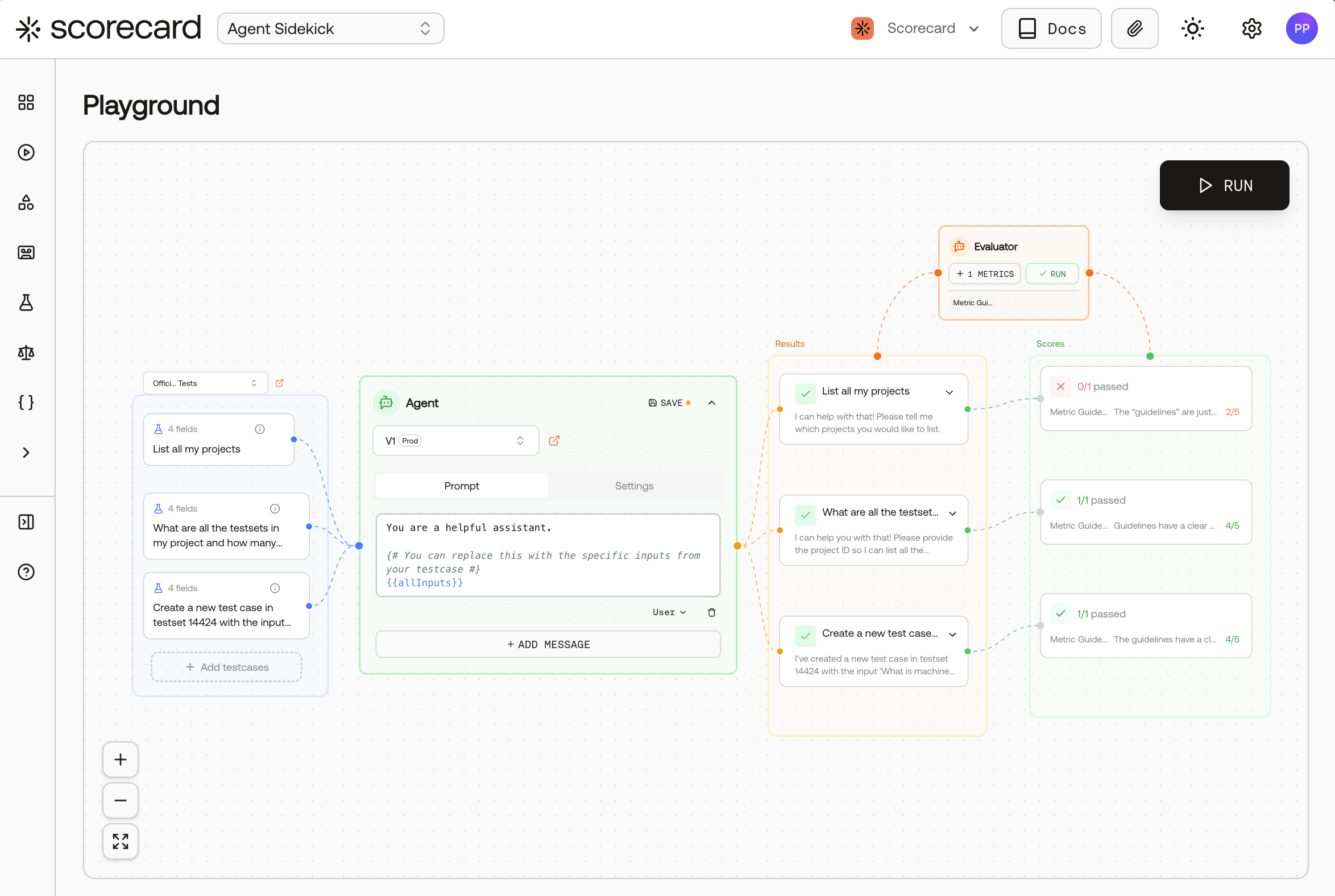 Screenshot of the Playground showing testcases, agent, results, and scores.