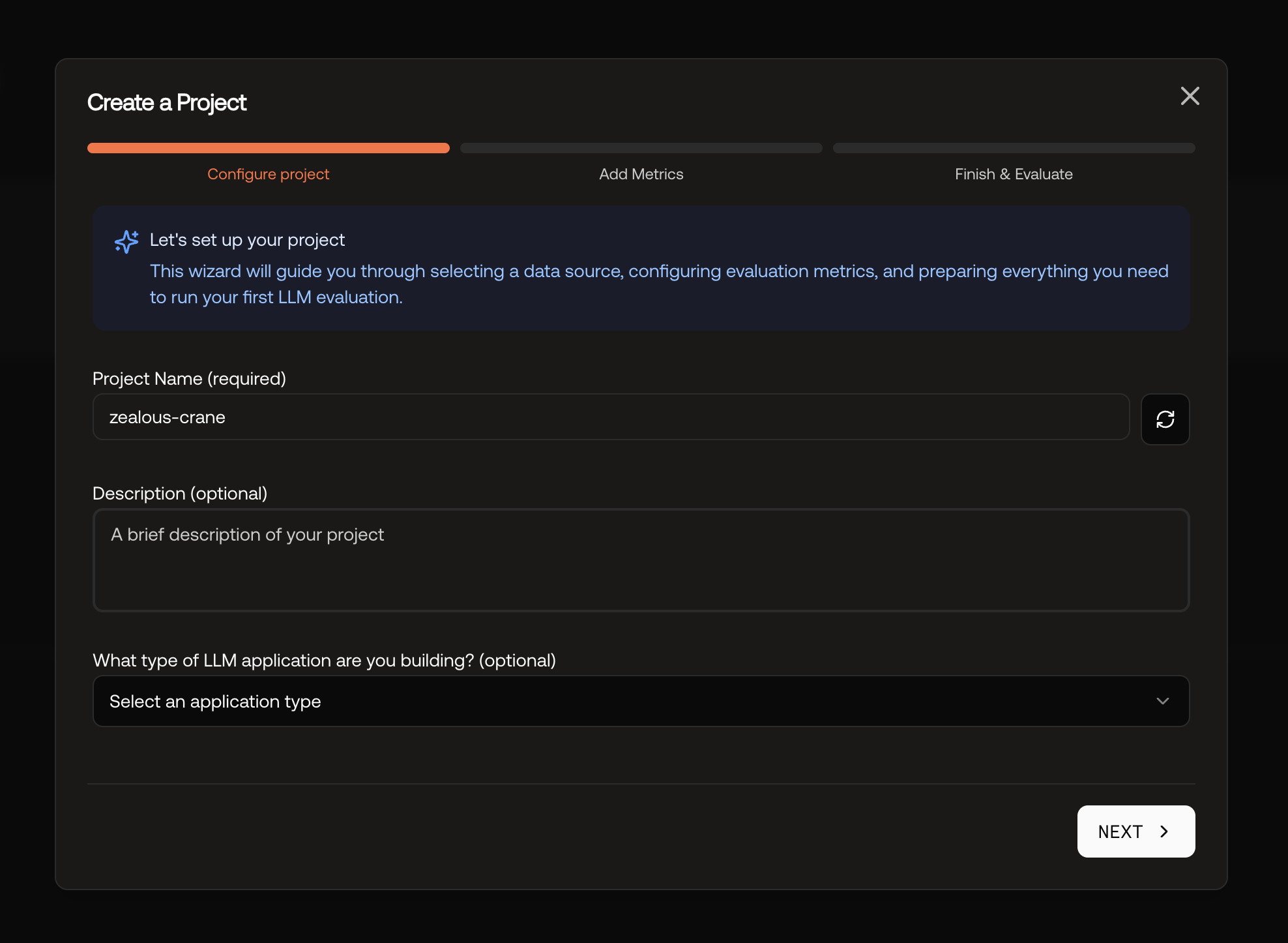 Screenshot of the create project modal in the UI.