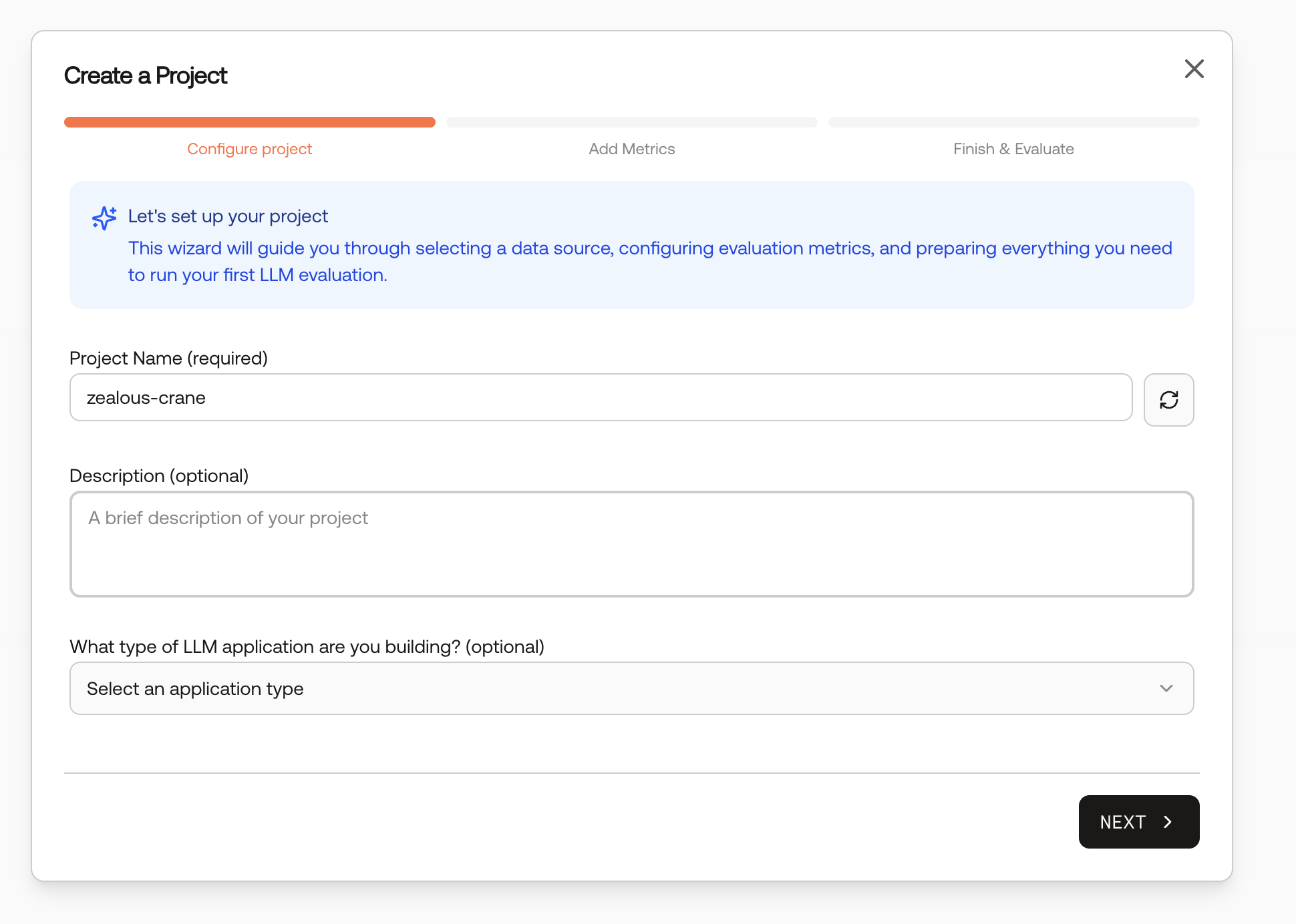 Screenshot of the create project modal in the UI.