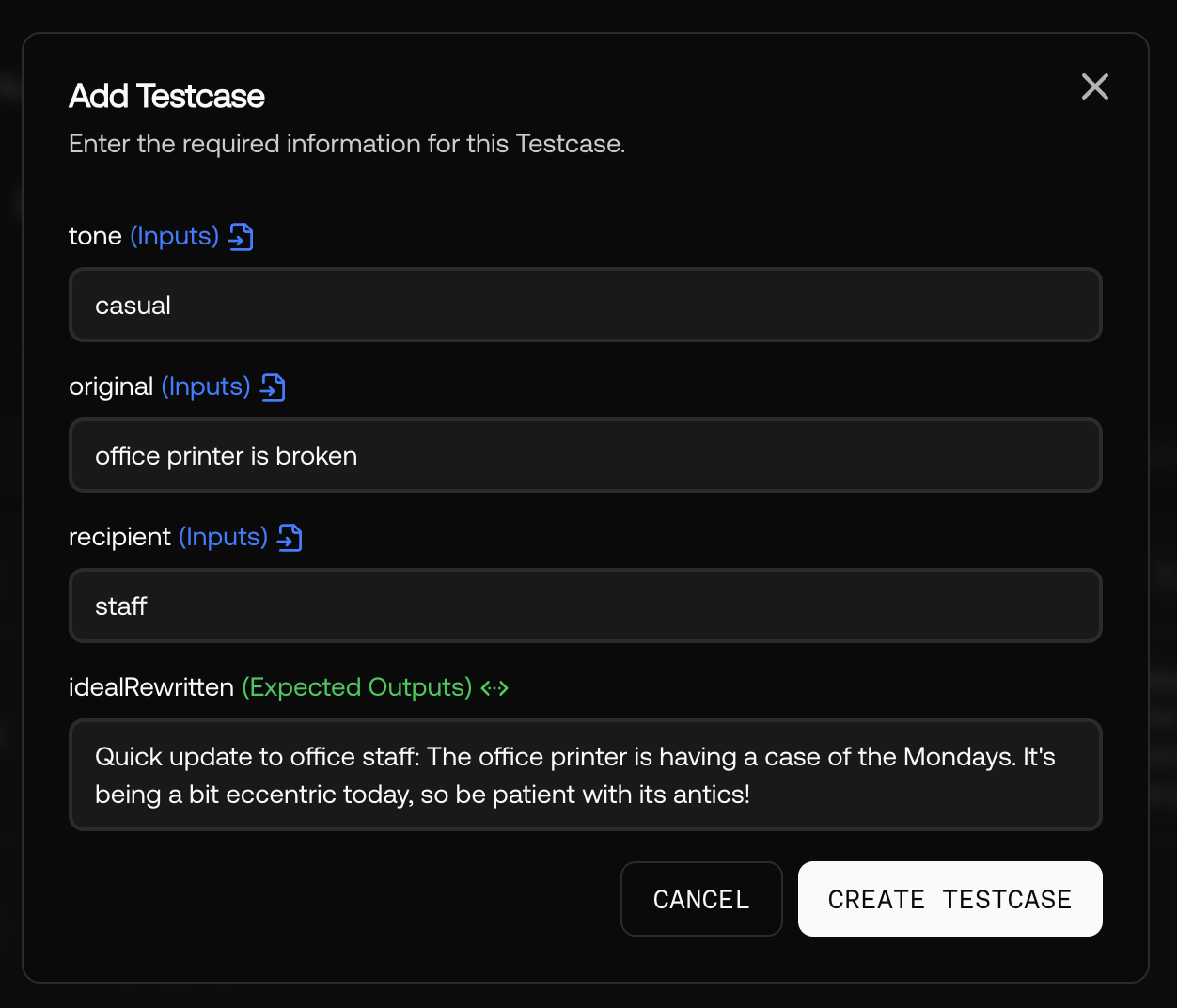 Screenshot of the testcase creation modal in the UI.