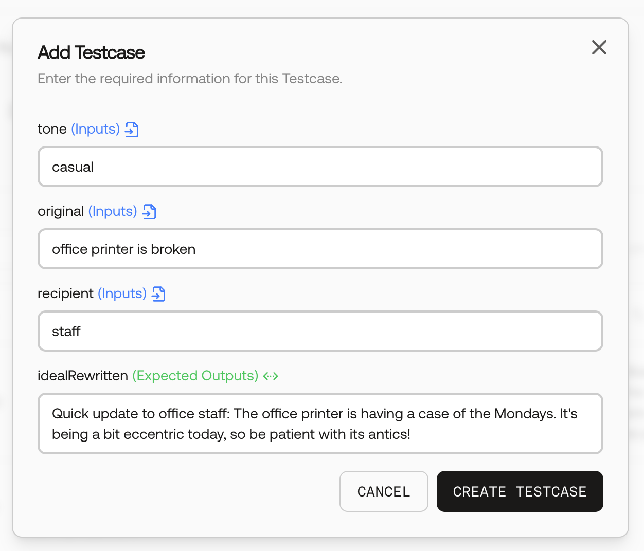 Screenshot of the testcase creation modal in the UI.