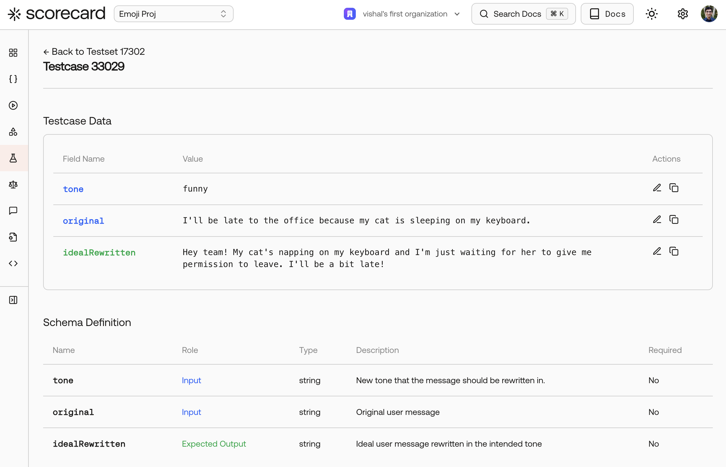 Screenshot of the testcase details page in the UI.