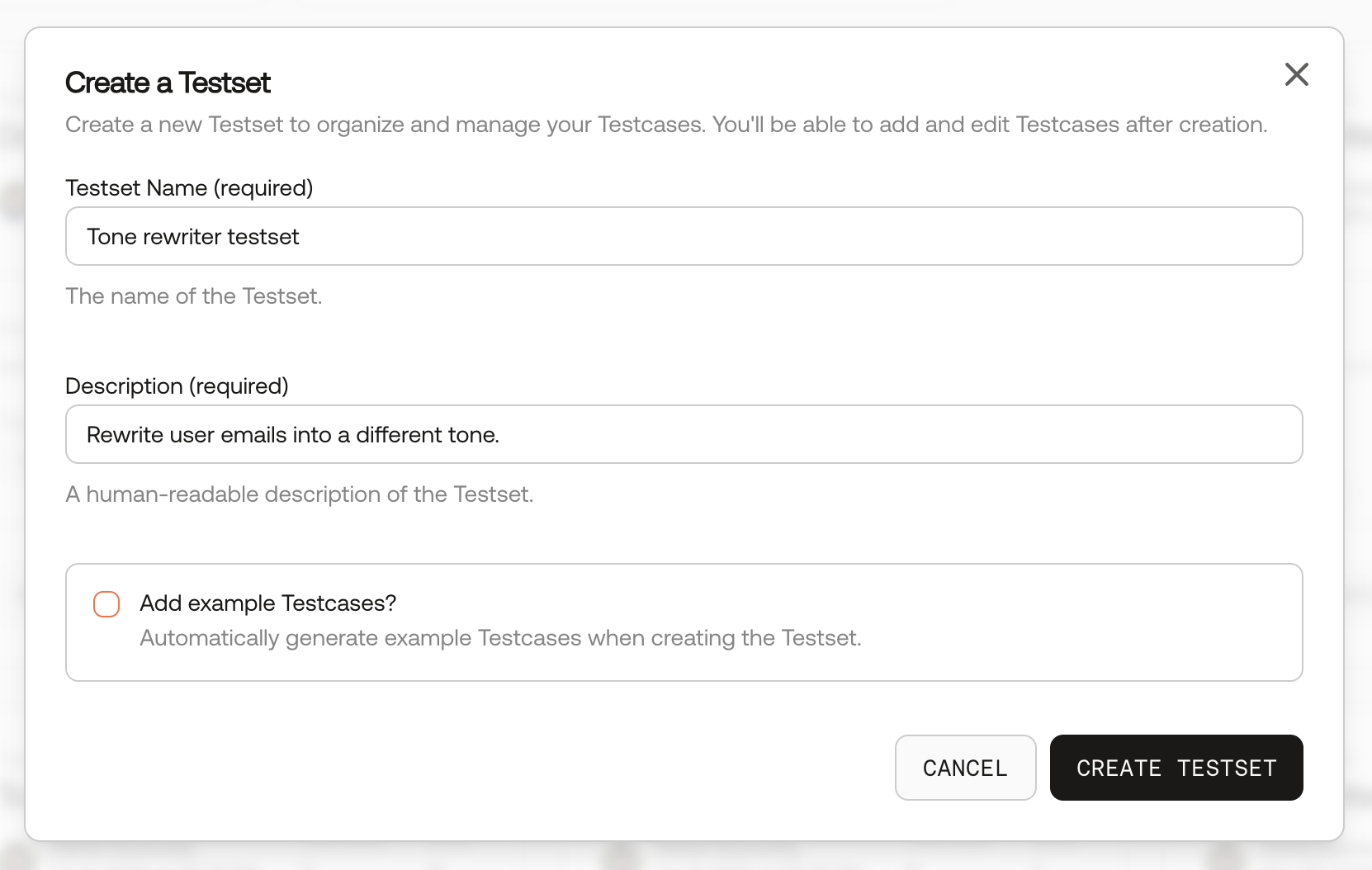 Screenshot of the create testset modal in the UI.