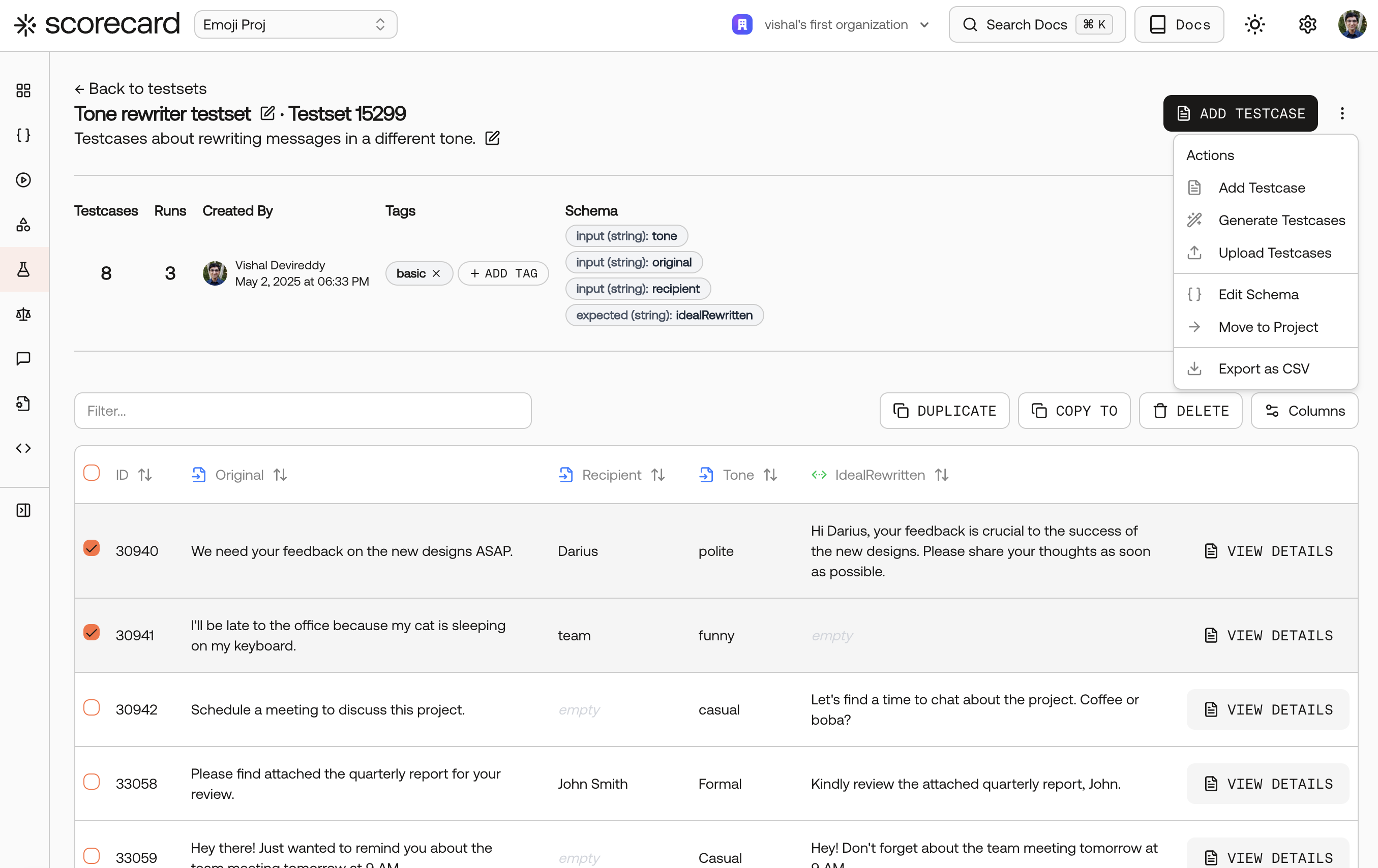 Screenshot of the testset details page in the UI.