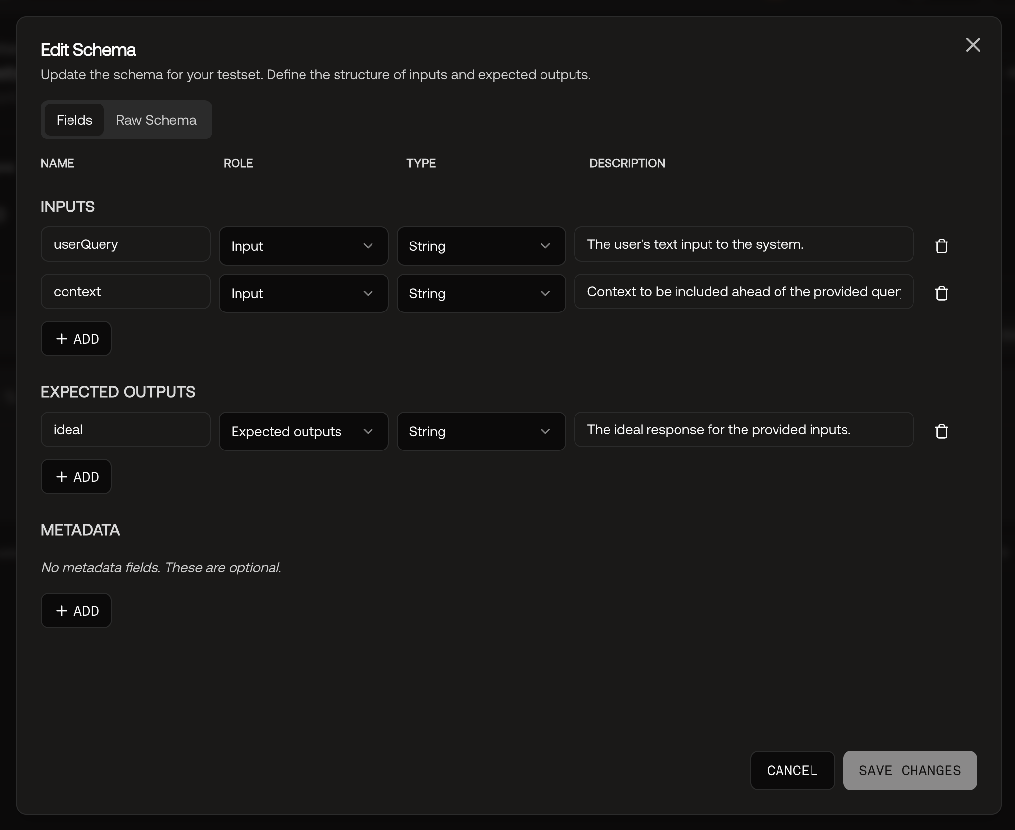 Screenshot of the testset schema editor in the UI.