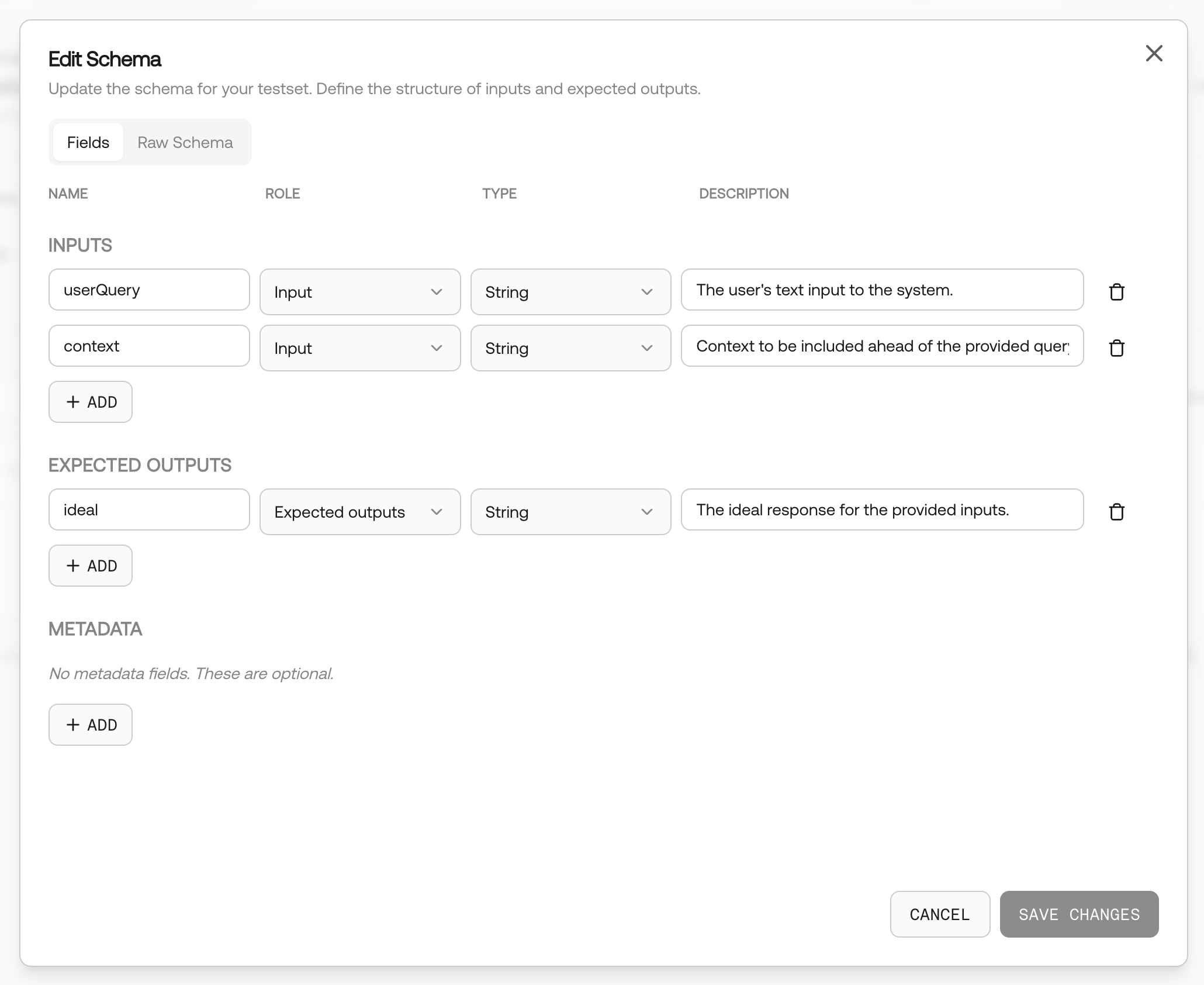 Screenshot of the testset schema editor in the UI.