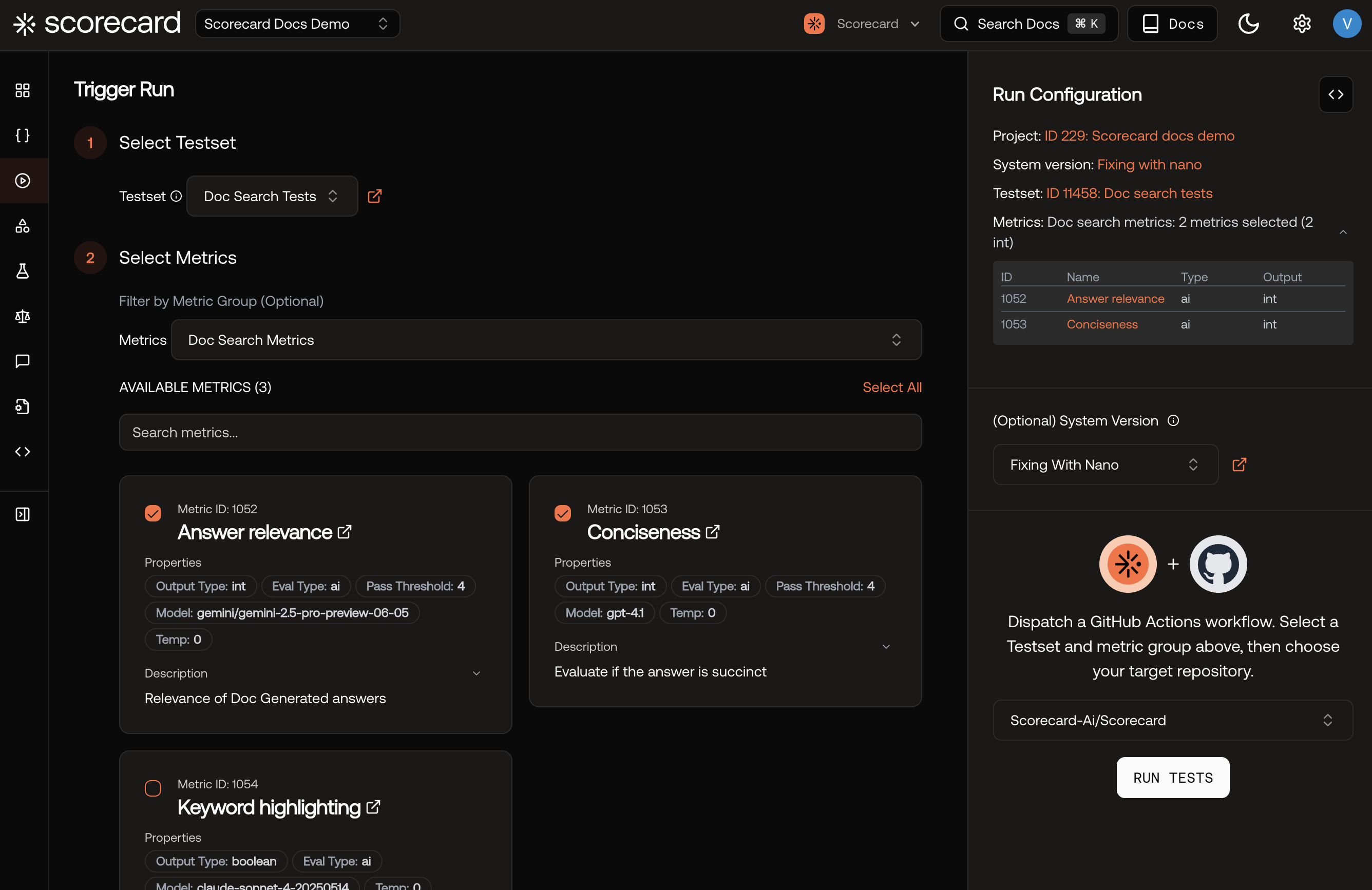 Screenshot of the trigger run page in the Scorecard UI.