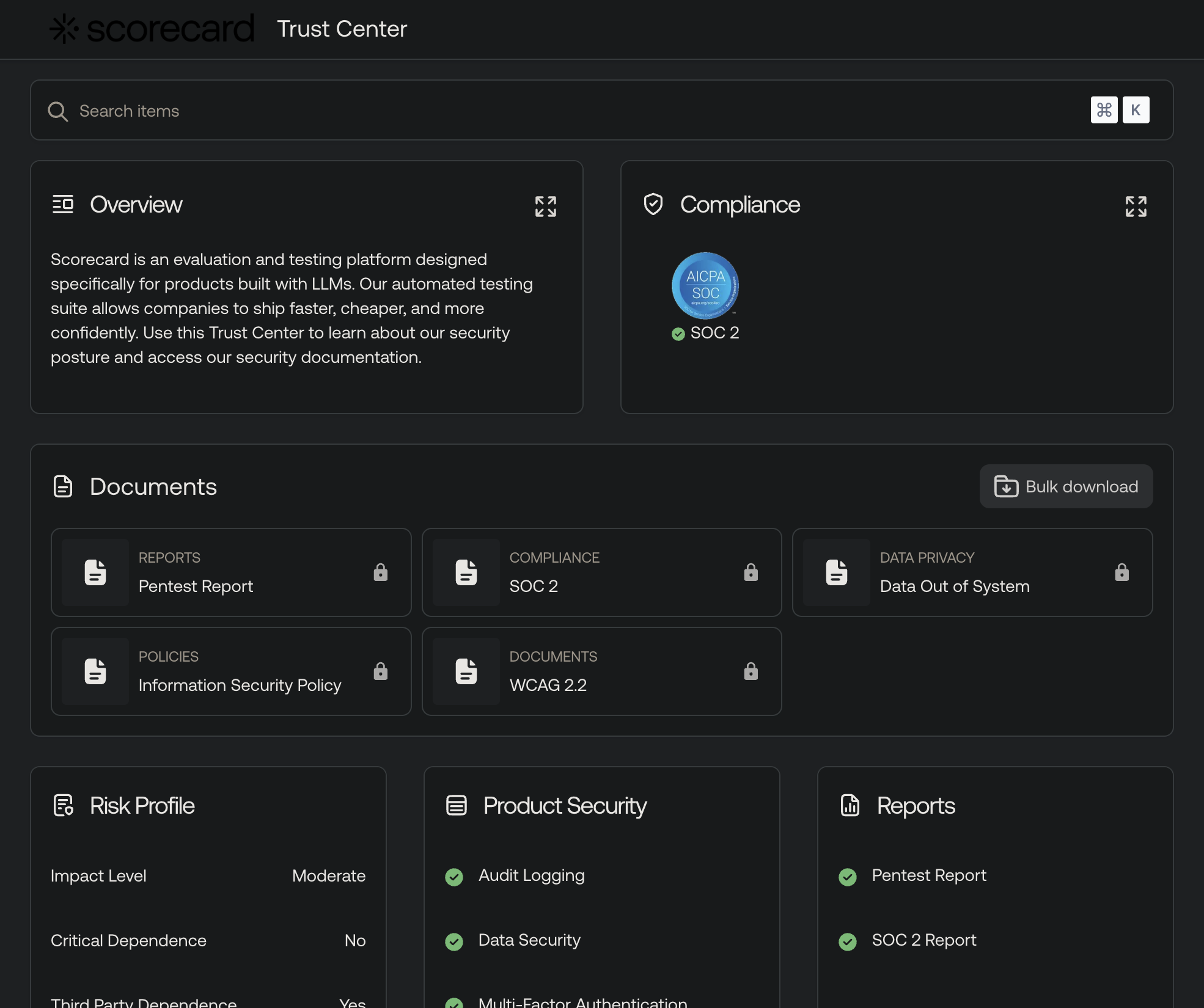 Screenshot of Scorecard's Trust Center on Safebase.