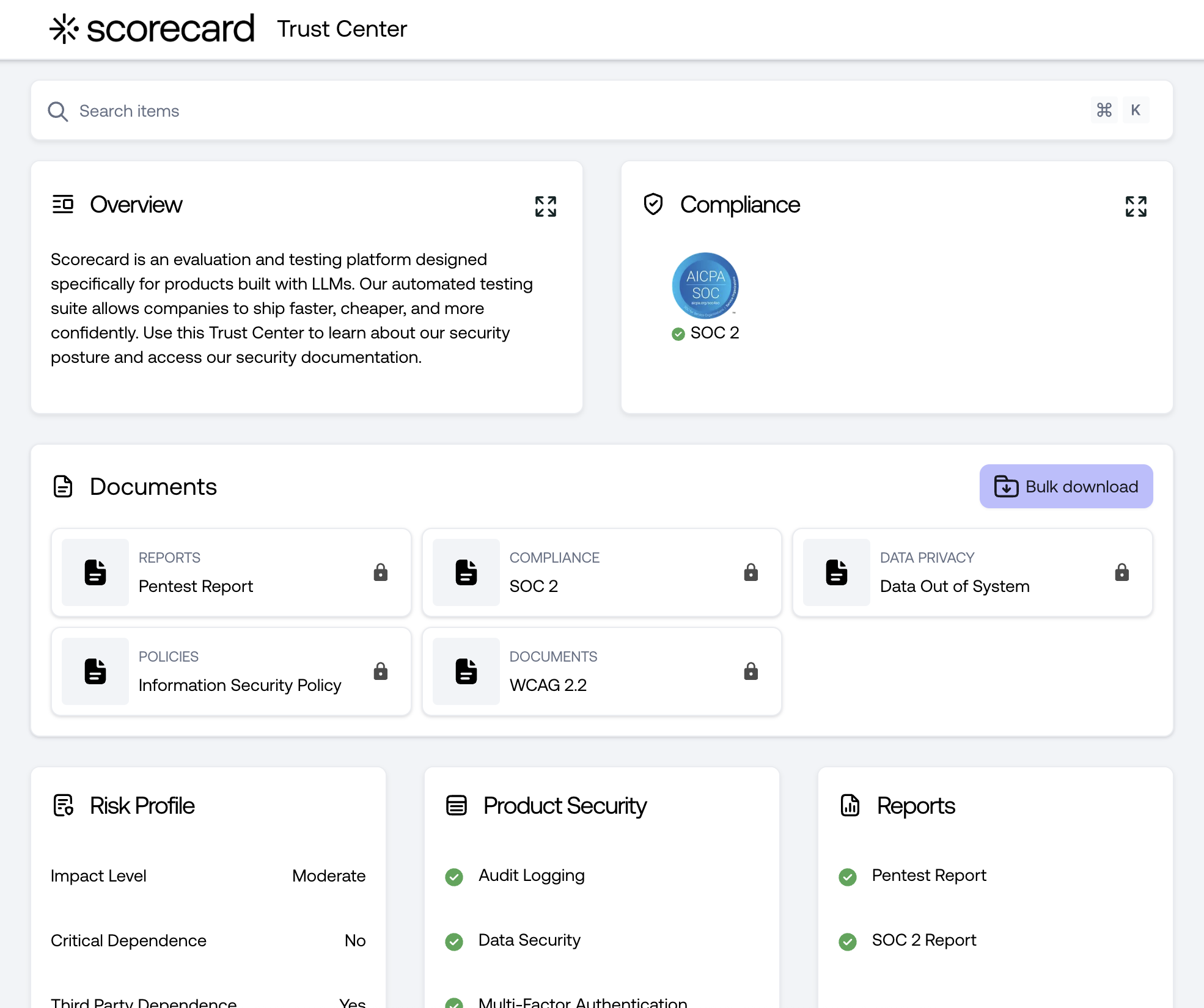 Screenshot of Scorecard's Trust Center on Safebase.